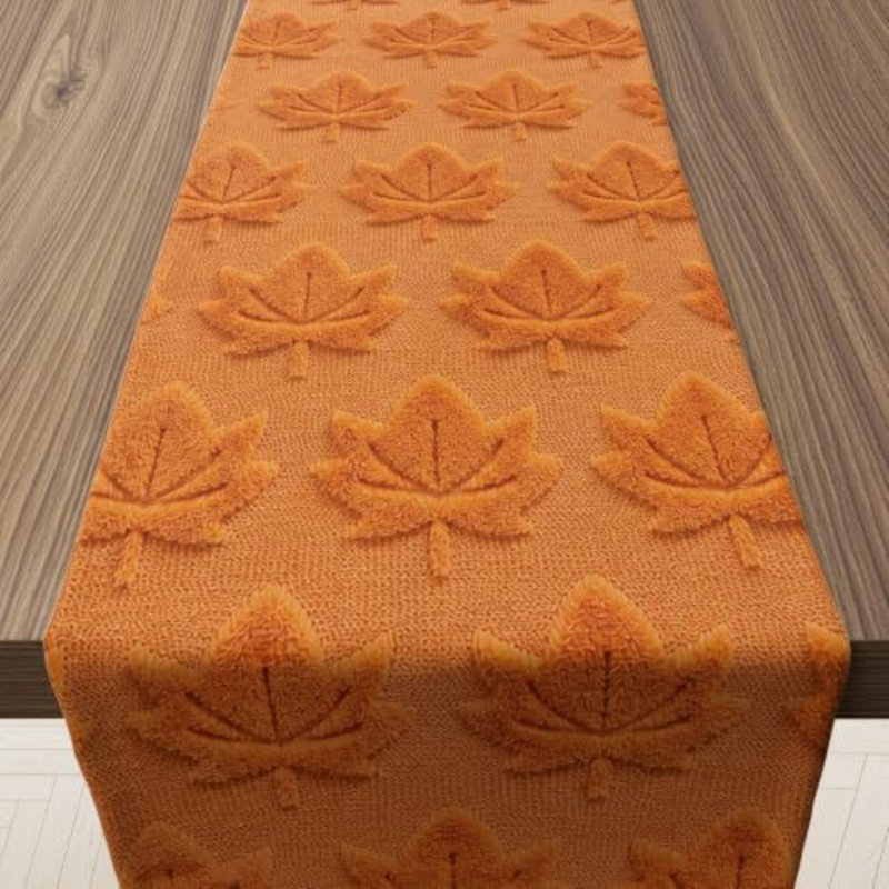 Décoration d'automne - Chemin de table en fausse fourrure douce orange à motif de feuilles d'érable