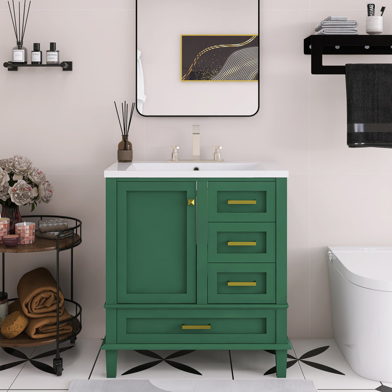 Meuble-lavabo autoportant de 30 po avec lavabo en céramique, porte à fermeture douce et 3 tiroirs, Vert