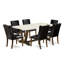Cet ensemble de table de salle à manger 9 pièces comprend une table rectangulaire en bois avec pieds en V et 8 chaises rembourrées en similicuir noir, en lin brossé blanc.-1592848656