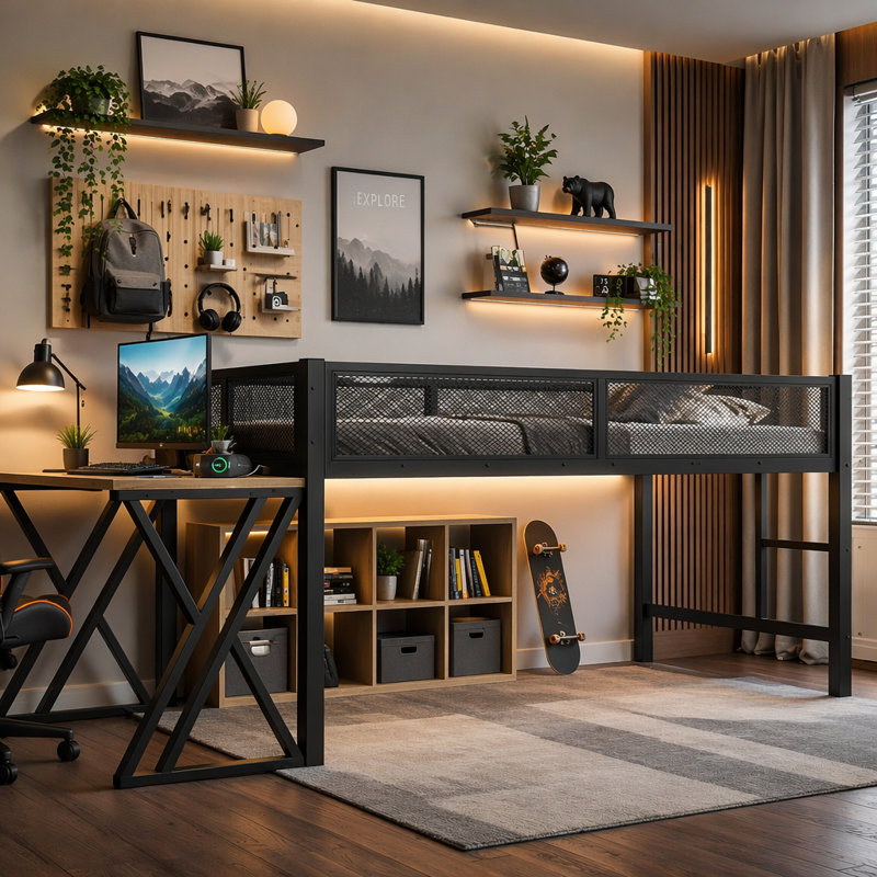 Lit mezzanine simple pour lit très grand avec bureau avec pieds en forme de X, lumières DEL, ports USB, escalier et garde-corps en maille - Cadre en métal noir, lit surélevé peu encombrant pour les dortoirs, les chambres et les salles de jeux