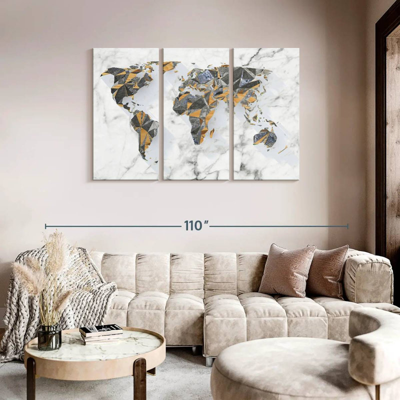 Carte du monde géo-marbre 3 pièces, H 74 po x l 48 po x P 1,25 po