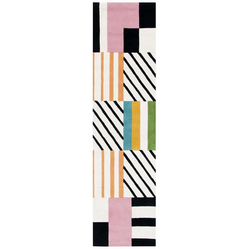 Tapis ivoire / noir / rose en laine fait à la main Tripoli, Tapis de couloir 2 pi 3 po x 7 pi
