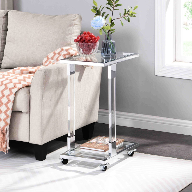 Table d'appoint en verre avec plateau en acrylique pour le salon - Table d'appoint moderne, verre trempé de 5 mm, montage facile, plateau verrouillable en forme de C, style carré pour chambre et balcon, facile à nettoyer, design mobile