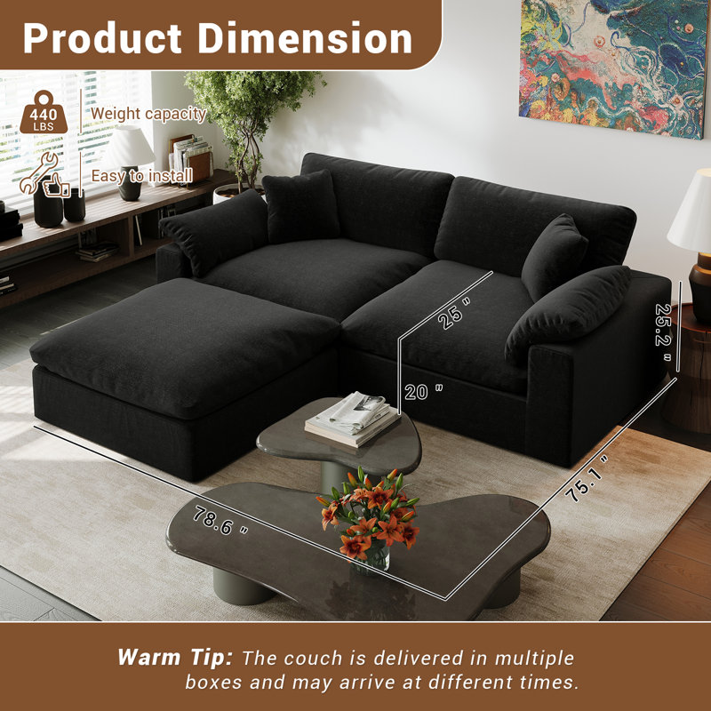 Phinnaeus Upholstered Sofa, Cloud Sofa Deep Seat Modular Sectional Sofa Couch for Living Room Bedroom Offiec, Black