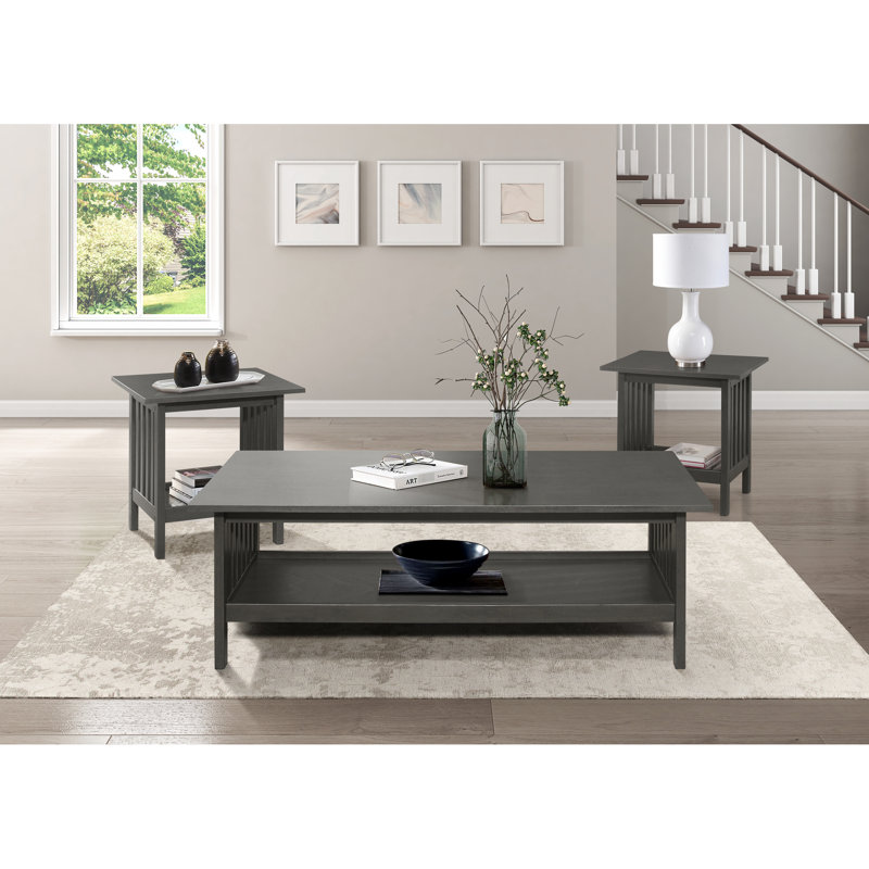 Mobilier d'appoint gris antique, table en bois classique pour espace de vie transitionnel en gris, table basse et 2 tables de bout