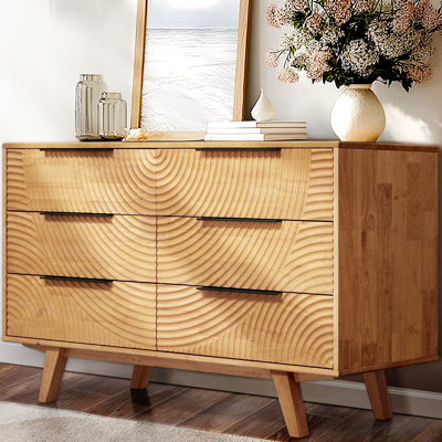 ACACIA Harmony 6-Drawer Dresser – Solid Wood Bedroom Dresser With CNC Circle Pattern – Zen Sand Garden Inspired, Mid-Century Wide Chest