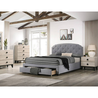 Lit de rangement en tissu avec tête de lit capitonnée Seine
