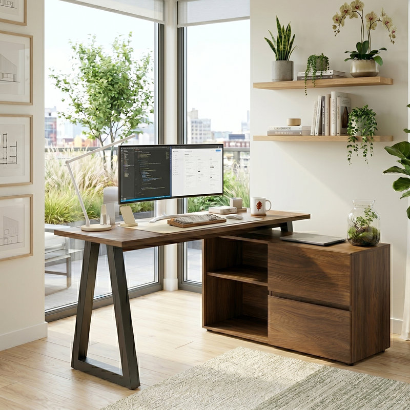 Belfield C 140 L Shaped Writing Desk, Walnut/Black