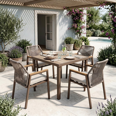 Ensemble de salle à manger 5 pièces pour patio, table en aluminium de 3 pi avec plateau d'aspect bois et 4 chaises en osier avec coussins amovibles, résistant aux intempéries, brun