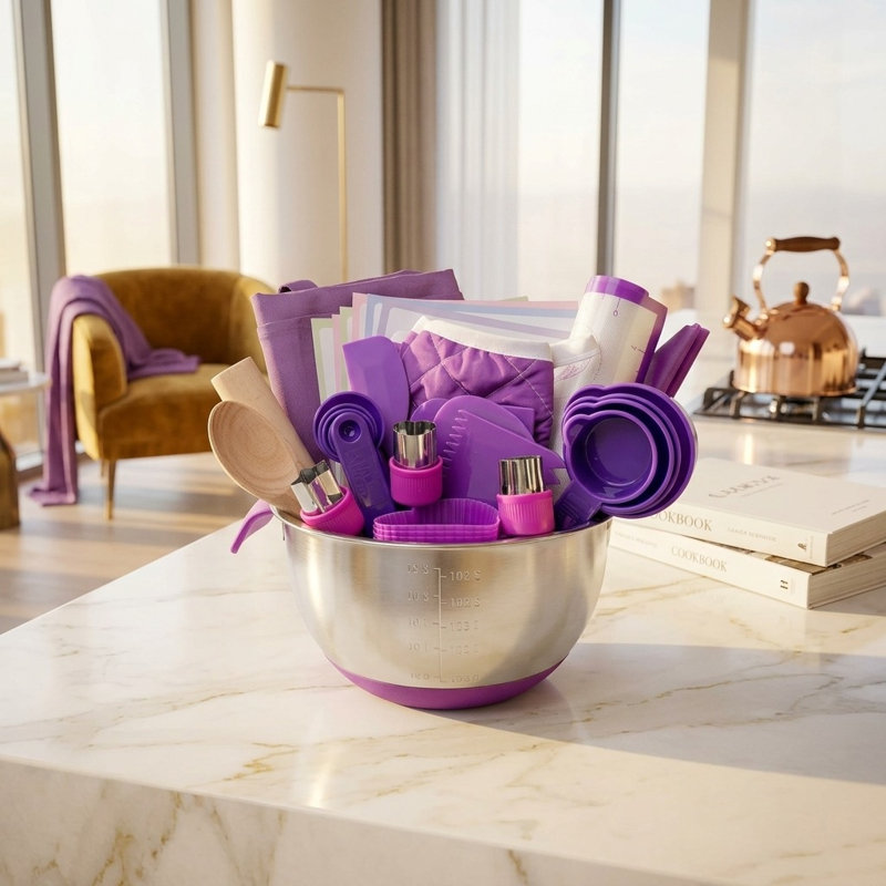 Ensemble de cuisson pour enfants - jouets de cuisine réalistes, comprend des ustensiles de cuisine pour enfants, des outils de mesure et des ustensiles de cuisson - cadeau de jeu de rôle Montessori (mauve)
