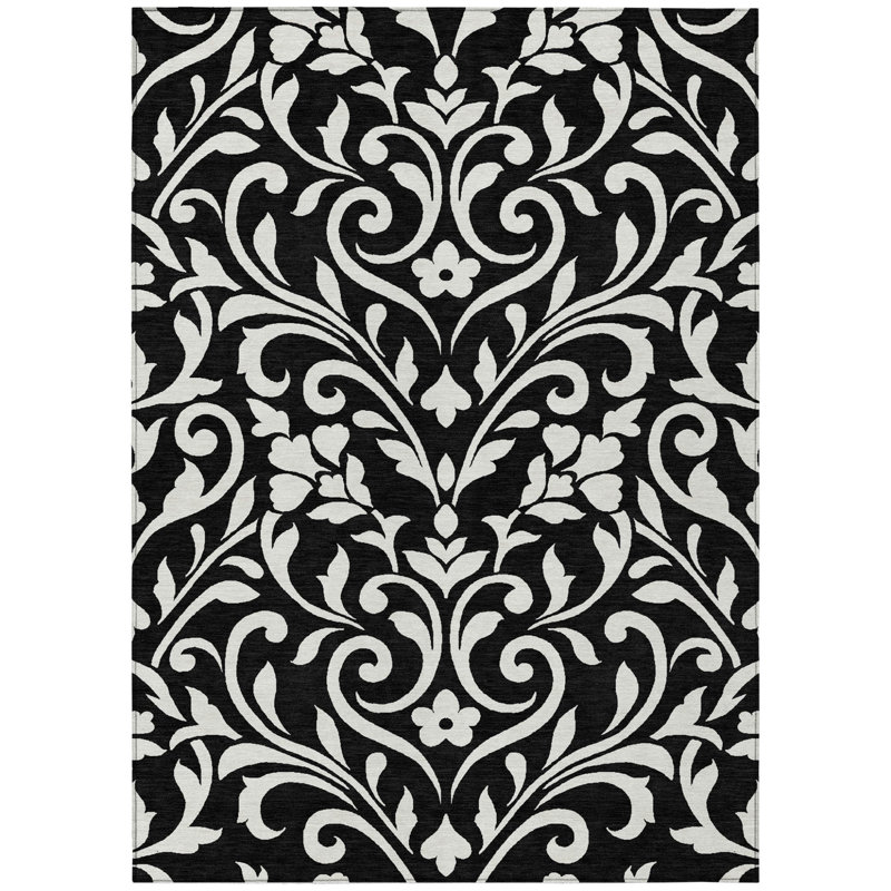 Tapis extérieur lavable floral noir et ivoire 10 pi x 14 pi