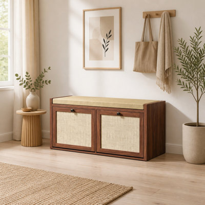 Banc de rangement pour chaussures avec siège rembourré et 2 portes en rotin pour l'entrée