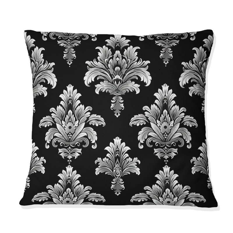Coussin décoratif traditionnel noir et argent à motif damassé Glamour I, H 16 po x l 16 po