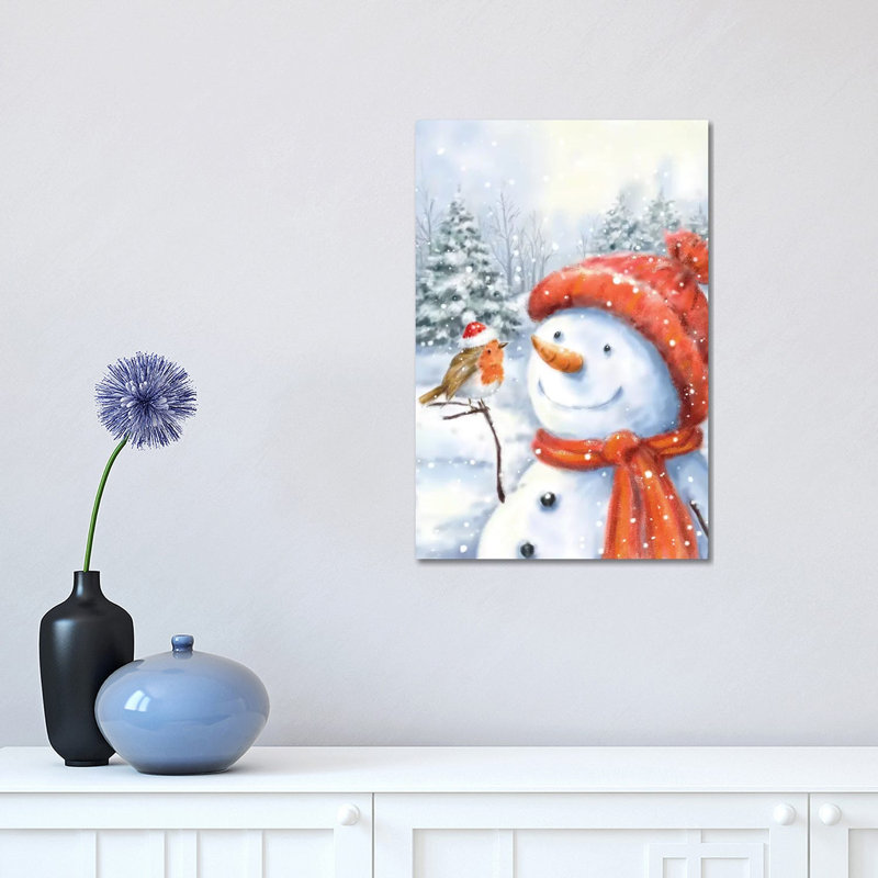 «Snowman and Robin I» par Makiko - peinture sur toile tendue, H 18 po x l 12 po x 1,5 po