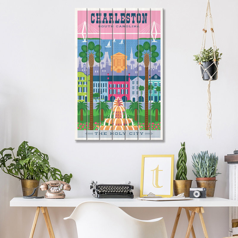 Affiche de voyage Charelston par Jim Zahniser - impression sur bois sans cadre, L 26 po x H 40 po