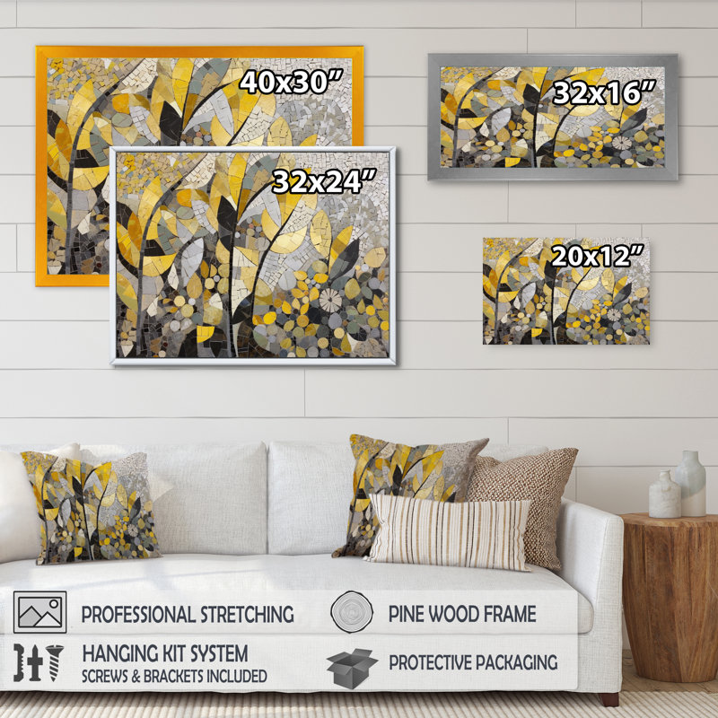 Begie, motifs jaunes et gris en fusion artistique - art mural mosaïque bohème, Toile tendue, Sans cadre, H 24 po x l 32 po