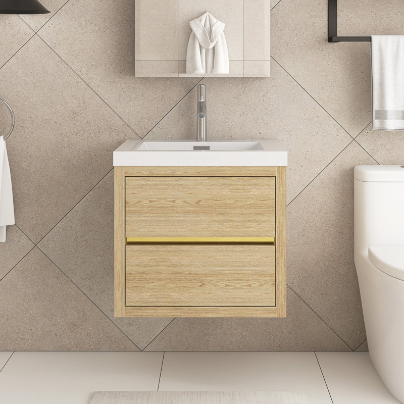 Meuble-lavabo simple 24 po avec comptoir en résine de pierre et tiroirs à fermeture en douceur 24 po, Naturel