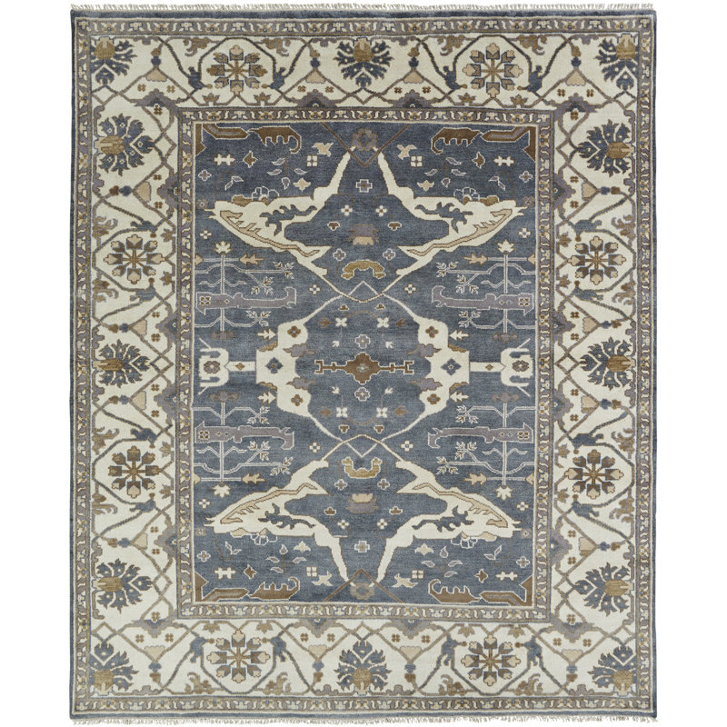 Mitul Wool Oriental Area Rug in Blue/Ivory, Rectangle 8' x 10'