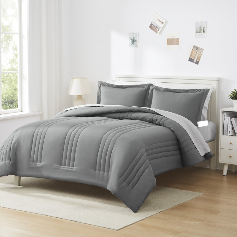 6 Piece Quilted Solid Stripe Comforter, Sheet Set And Mattress Protector Bedding Bundle, Twin XL, Gray/Silver