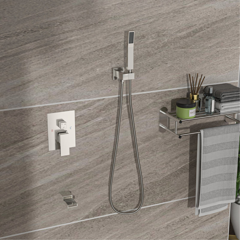 Système de douche en nickel brossé avec douchette carrée de pluie de 12 pouces et cascade - 3 fonctions, facile à nettoyer, tête, portatif, valve, installation