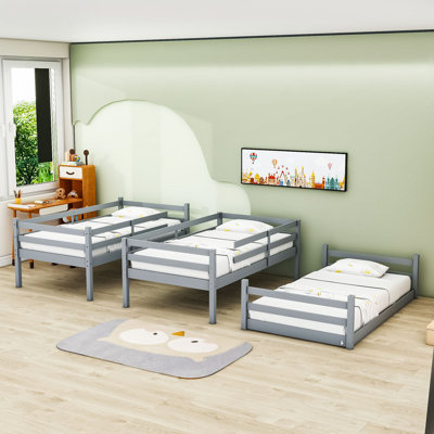Wood Triple Bunk Bed With Two Built-In Ladders And Guardrails