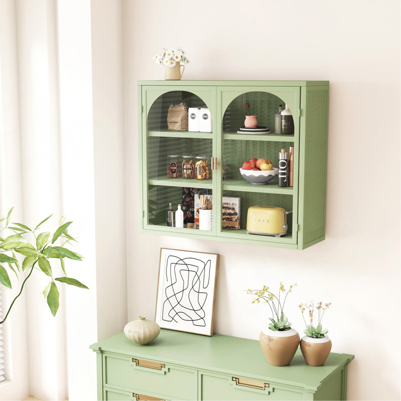 Glass Doors Modern Two-Door Wall Cabinet With Featuring Three-Tier Storage, Mint Green