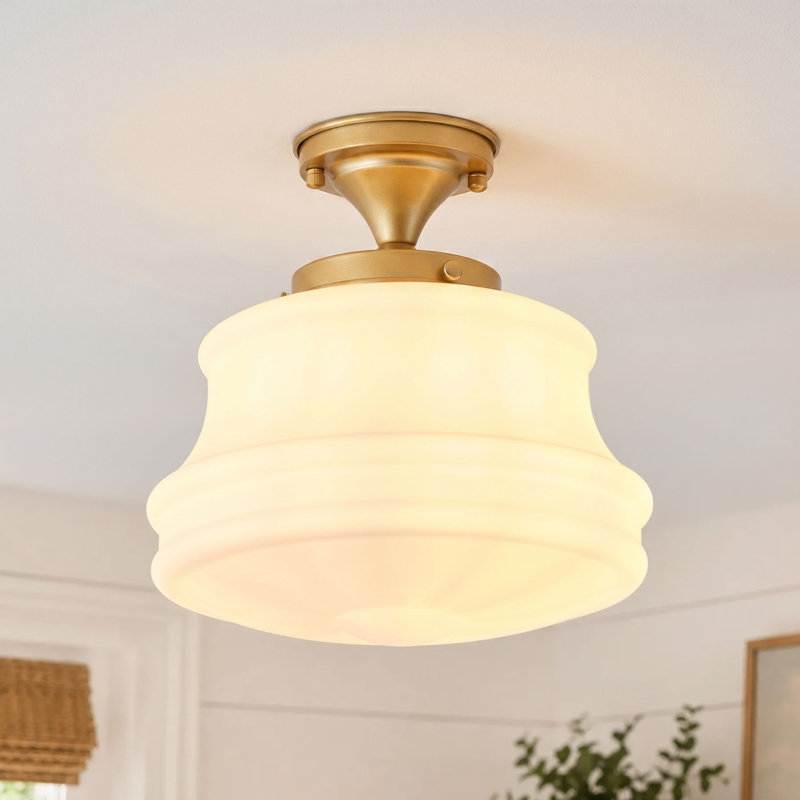 Plafonnier encastré moderne 1 lumière doré avec abat-jour en verre, 11,02 po de largeur, base E26, à intensité variable, homologué ETL / cETL