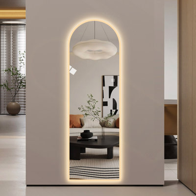 Miroir mural pleine longueur 65 po x 21 po à DEL, arche symétrique avec bordure en verre givré, éclairage à température de couleur à intensité variable 3, verre argenté sans cuivre, câblé ou à brancher