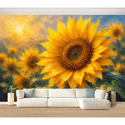 Wall Mural Peel and Stick Wallpaper Yellow sunflower sunset light Close up Sunflower close up Self-Adhesive Removable Contact Paper Wall Decor for Living Room Bedroom 100"H x 144"W