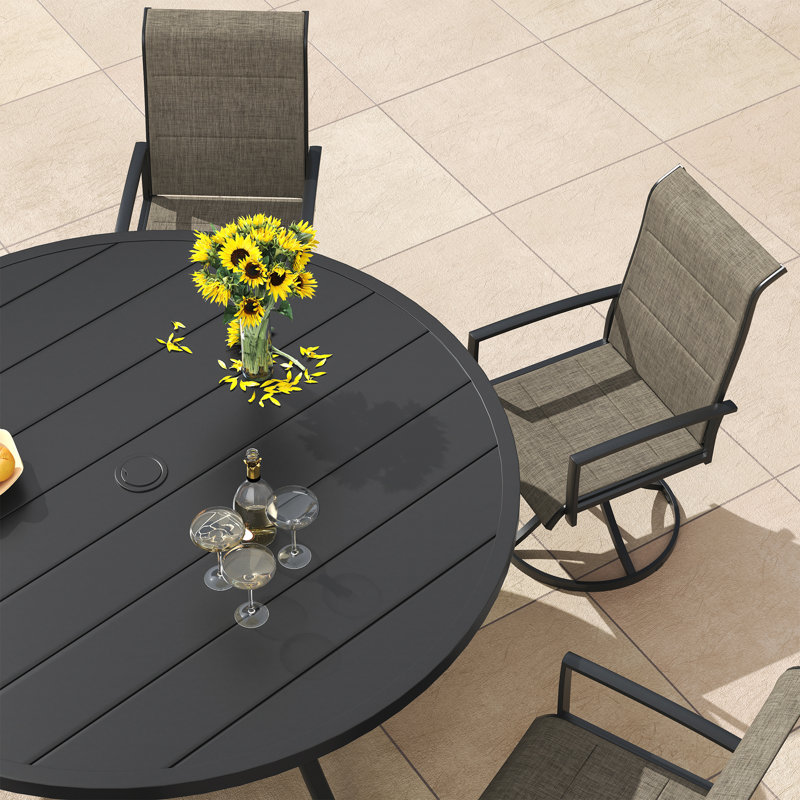 6-Person Patio Dining Set with 53" Round Metal Dining Table and 6 Padded Swivel PVC-coated polyester Chairs, Black/Brown