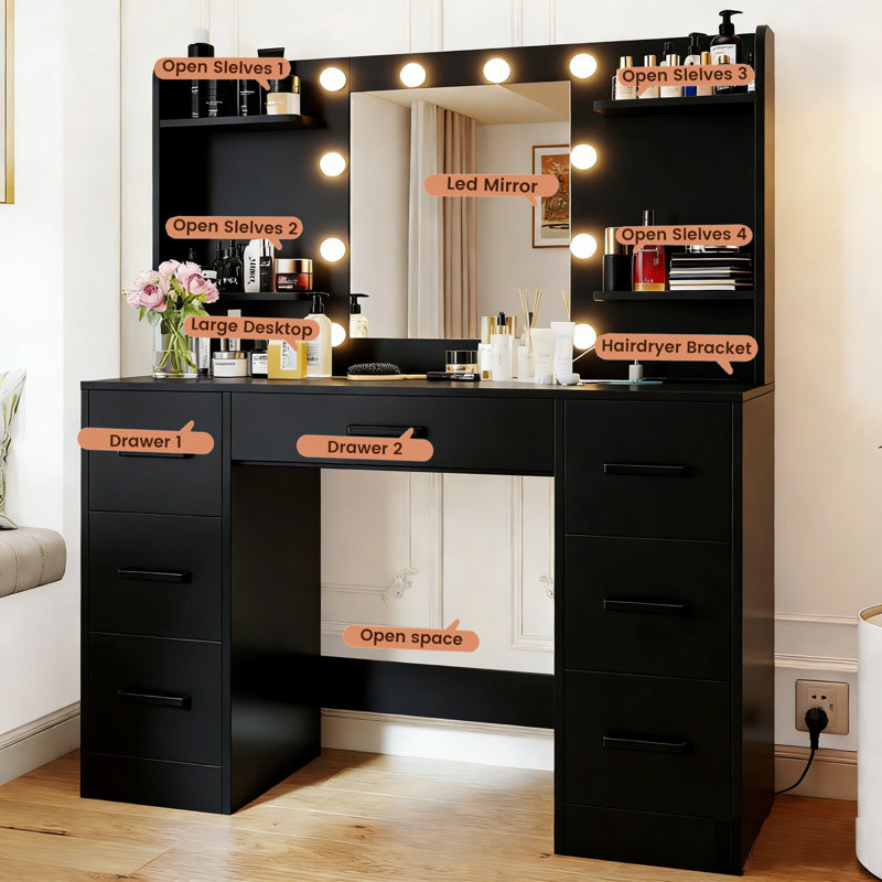 43.3" Makeup Vanity With 7 Drawers, Power Outlet, And Mirror Cabinet With Three-color Lighting In Black, Black