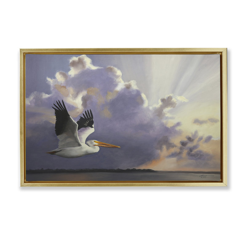 Toile flottante encadrée "Dawn Sunrise Pelican Brown" par D. Rust, Cadre flottant métallique doré, H 21 po x l 31 po