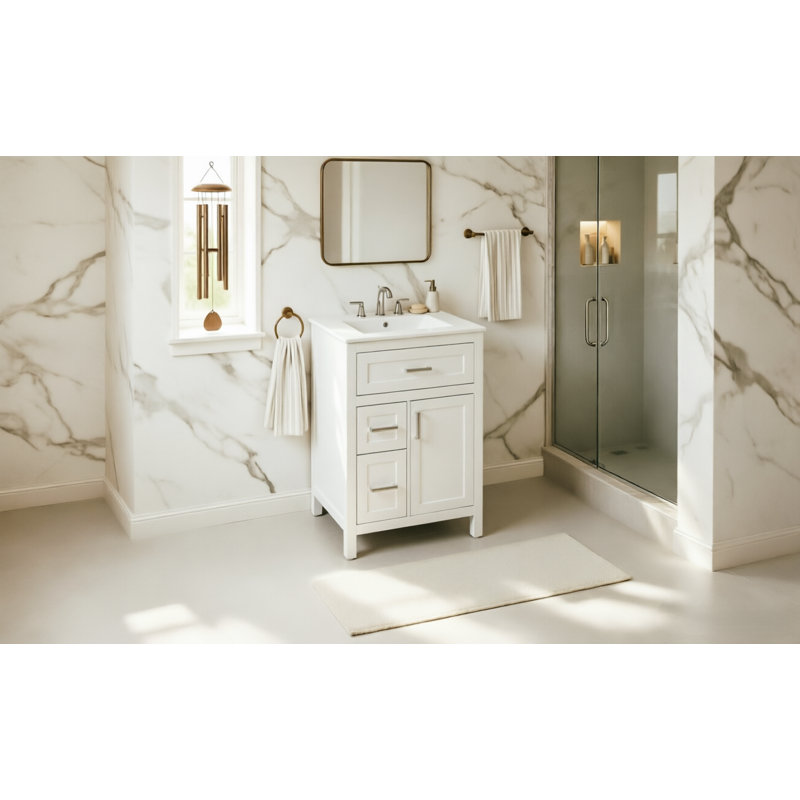 Meuble-lavabo moderne de 61 cm (24 pouces) avec lavabo en céramique, structure en bois massif et caisson en MDF, fini blanc, poignées argentées, 1 porte et 3 tiroirs, blanc