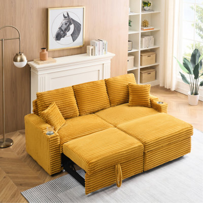 Velours côtelé orange de 80 pouces avec méridienne pliable, porte-gobelets et repose-pieds pour chambre à coucher de luxe