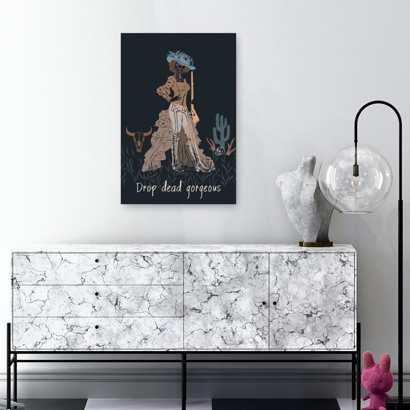 Drop Dead Gorgeous Cowgirl Elegant Gothic Retro Cactus Plant Bull Landscape Nature Wall Art Print 1 Piece Wrapped Canvas Wall Art