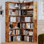 Bibliothèque de coin en L rustique avec tablettes ouvertes et finition grain de bois