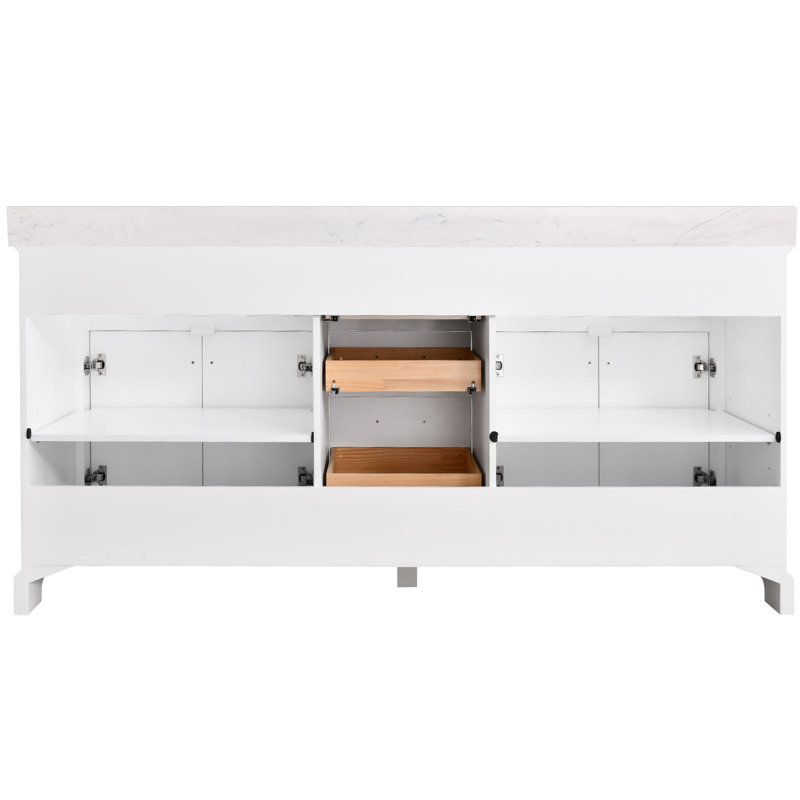 72" White Bathroom Vanity With Engineered Marble Top And Double Sinks