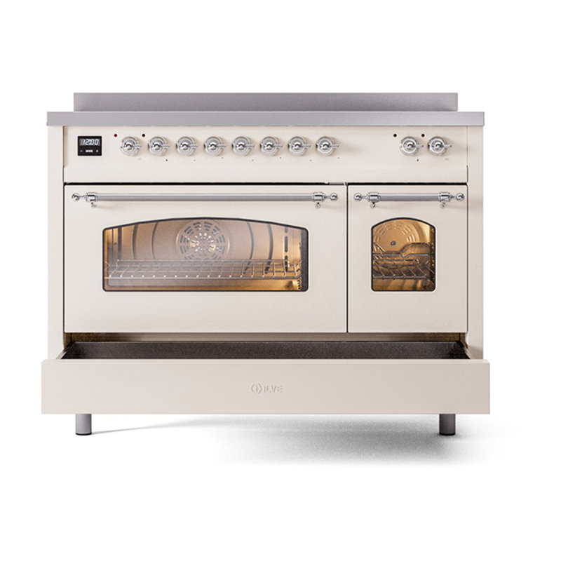 ILVE Nostalgie II Series 48 inch Induction Range with 6 Induction Elements (Glass Door), Antique White/Chrome