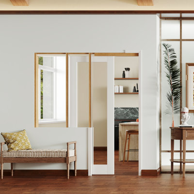 Porte de miroir avec porte coulissante et panneau de fibres à densité moyenne avec panneau réfléchissant pleine longueur, finition blanche moderne
