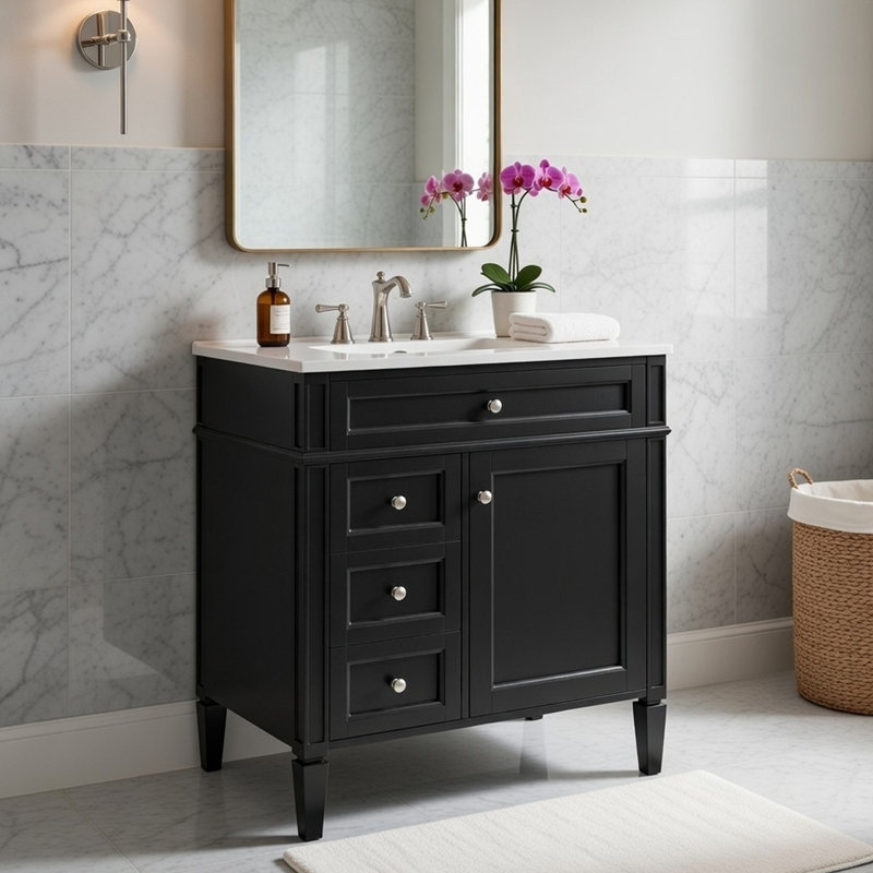Asher Bathroom Vanity With Single Ceramic Sink, Storage, Black Wood 30 Inch, Black/Chrome