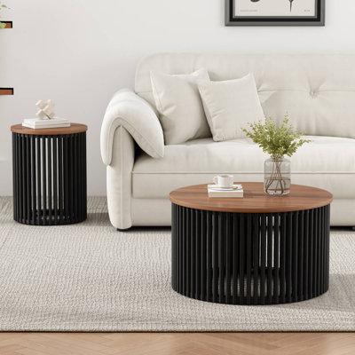 2-Piece Round Solid Wood Coffee Table Set