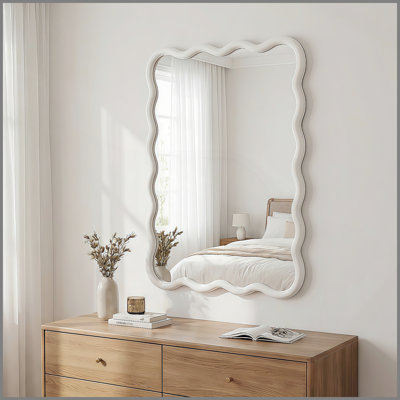 White 20"x30" Wavy Rectangle Solid Wood Frame Decorative Mirror,For Bedroom, Bathroom, Living Room, Entryway