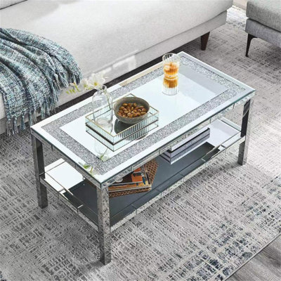 L 39,5 po x P 19,5 po x H 19,5 po Table basse en acier inoxydable à miroir en cristal à 2 couches pour une utilisation dans les bureaux, les magasins, les salons ou les chambres