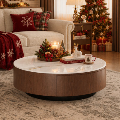 35"Modern Round Sintered Stone Coffee Table with Storage Drawer, Sintered Stone Top Cocktail Table Solid Wood Base, Stainless Steel Legs No Assembly Required