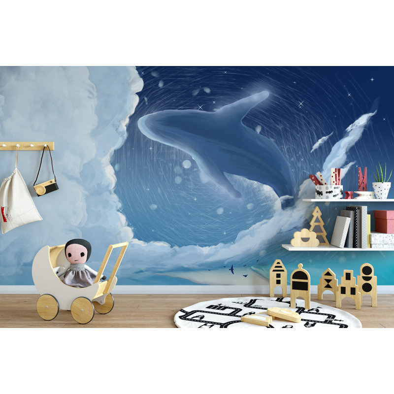 Blue Whale Cartoon Nightscape Removable Wallpaper, 48.96" L x 75" W