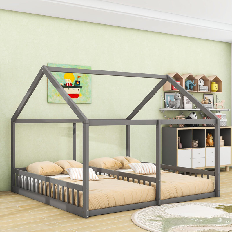 Wooden Twin House Platform Beds With Roof And Guardrails, Gray