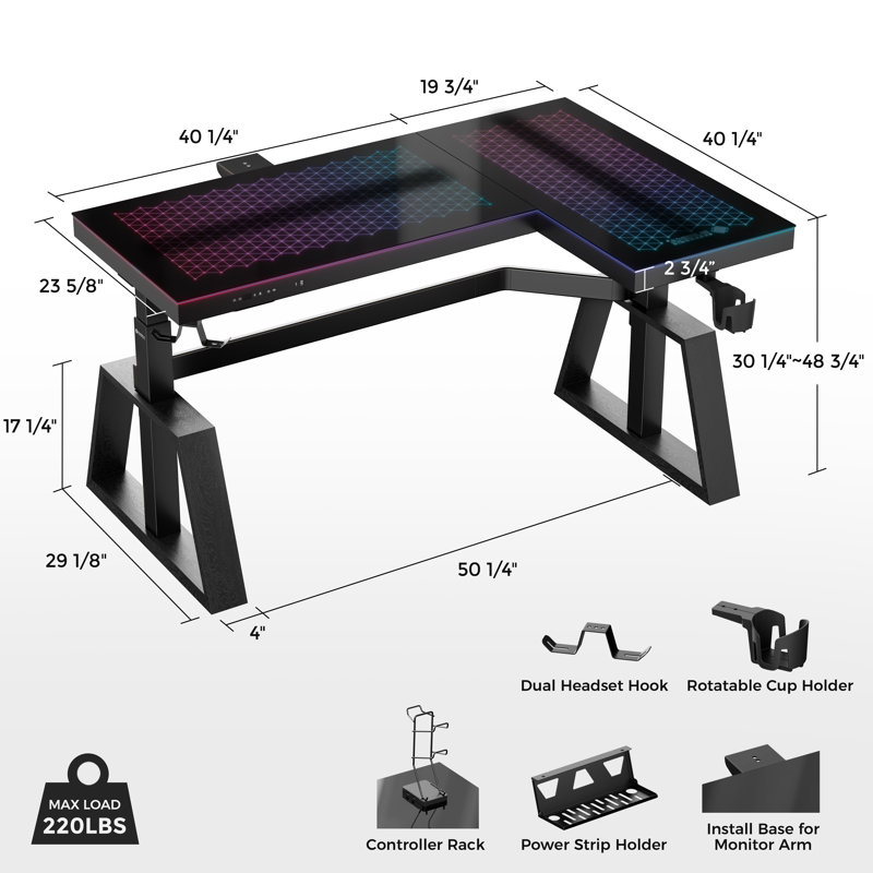Chaniqua Music Synced RGB LED Glass Gaming Desk, Right Hand