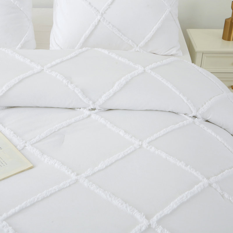 Comforter Set, 3 Pieces Boho Tufted Bedding Set White, King Comforter + 2 Pillowcases