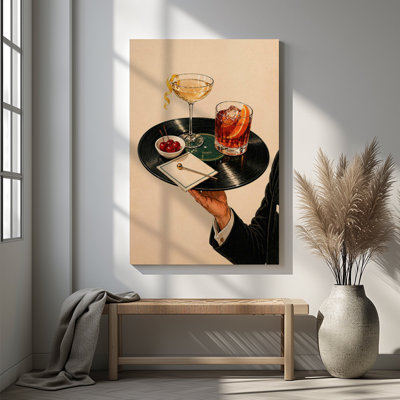 1pc Framed Canvas Wall Art Prints Poster, Vintage Cocktail Print, Vinyl Record Bar Tray, Retro Martini Art Posters Canvas Print Painting for Living Room Bedroom Office Bathroom Dorm Home Decor, Ready To Hang