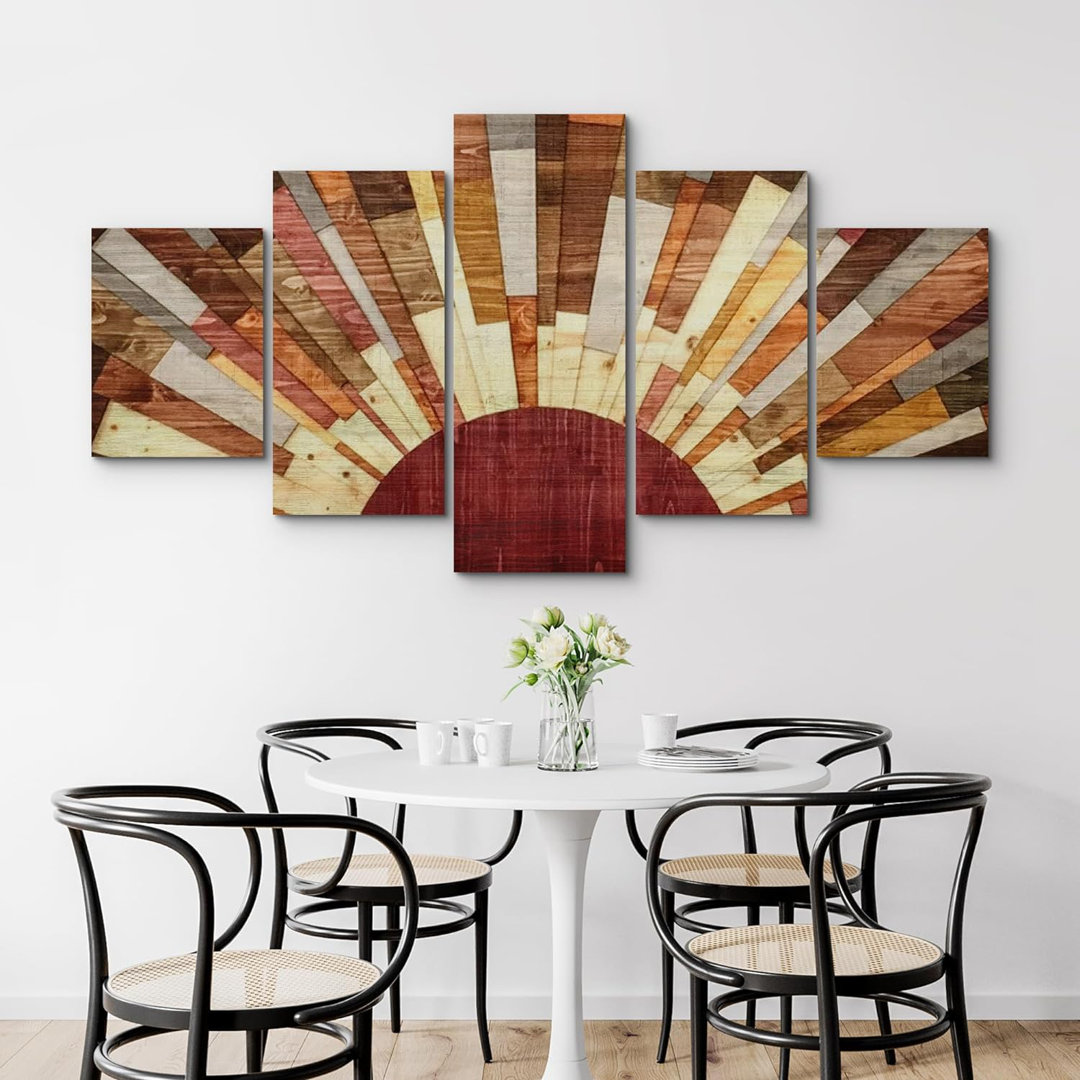 Western Wood Effect Landscape Western Decor Wood Effect Shining Sun Rustic Pictures Extra Large Canvas 5 Pieces Print Wall Art IDEA4WALL